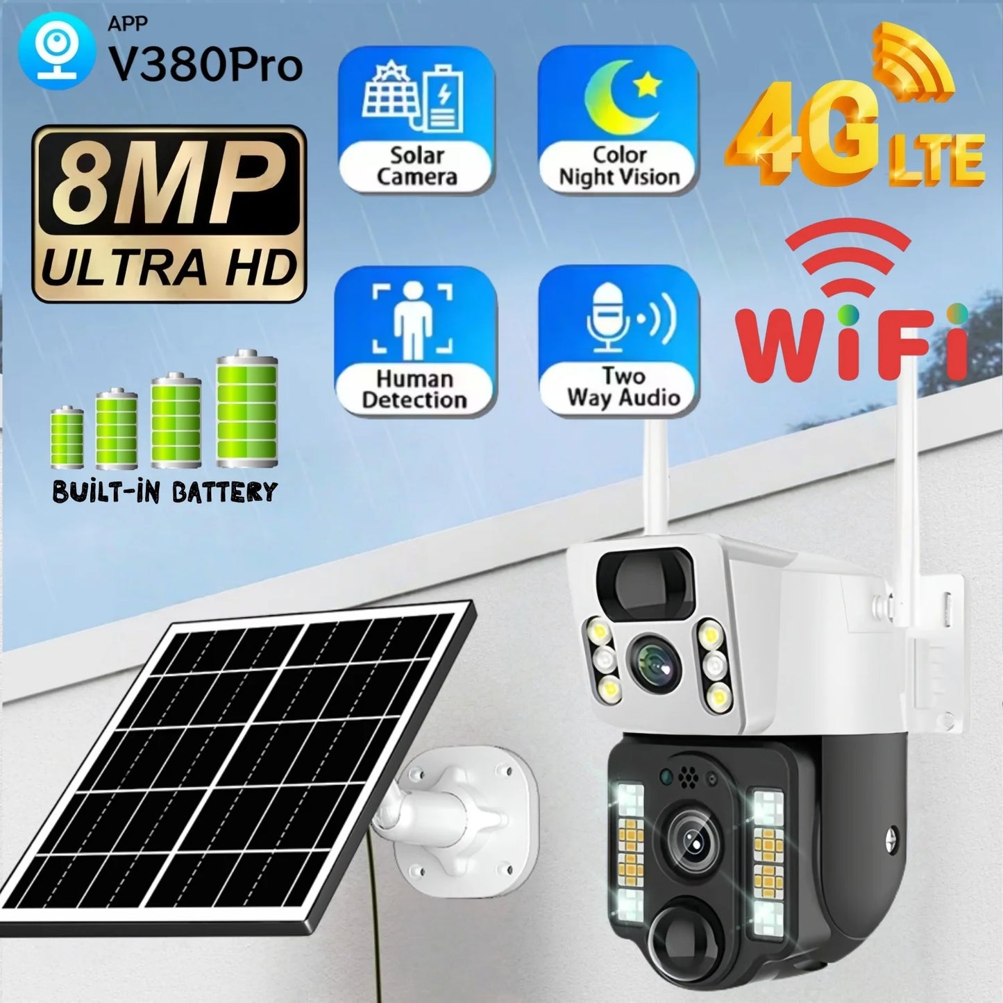 8MP 4K Wireless Solar Camera 4G Sim Outdoor Dual Lens Wifi IP Camera PIR Night Vision V380 Pro CCTV Security Protection Monitor