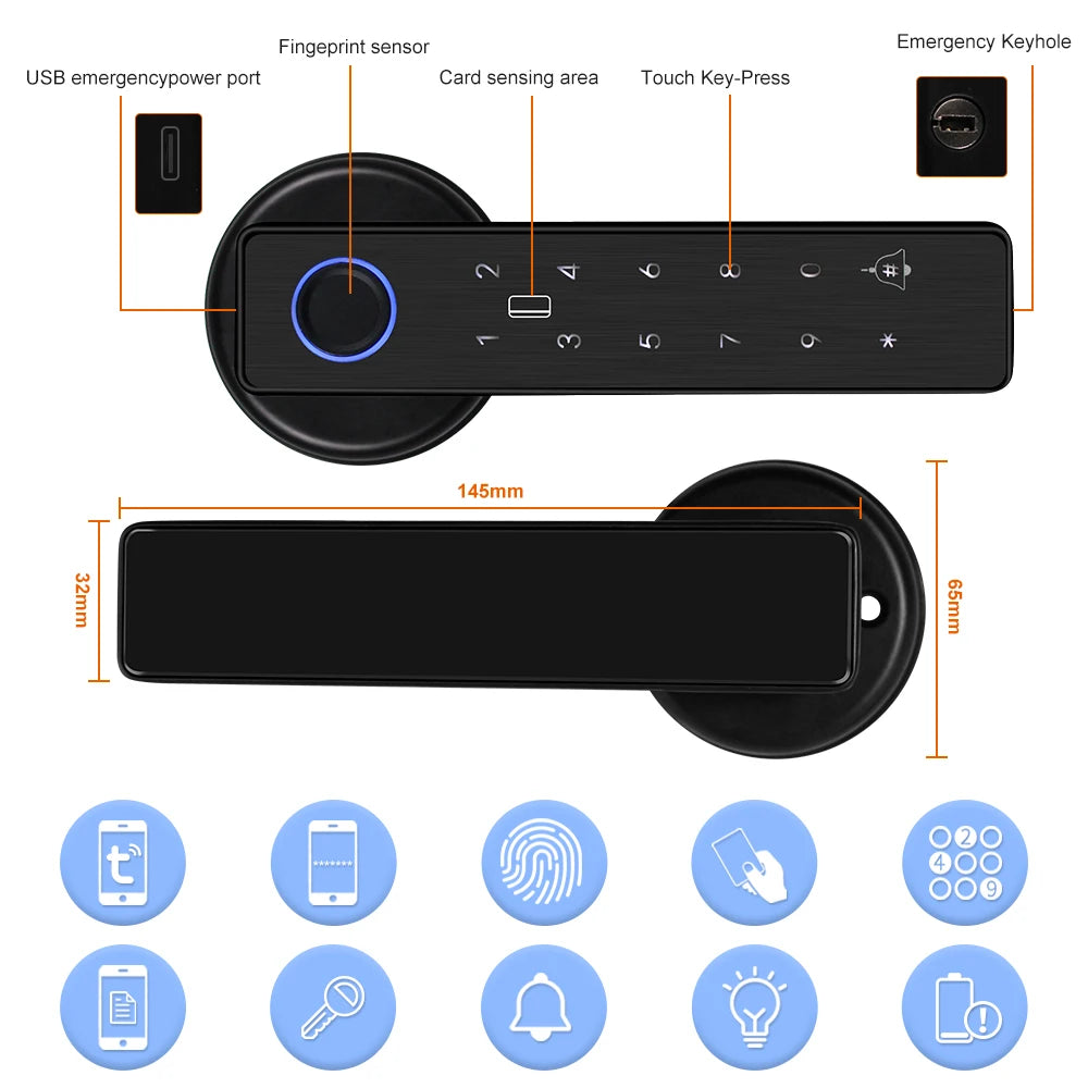 WiFi Tuya APP Biometric Fingerprint Smart Door Lock Password RFID IC Card Keyless Remote Unlocking Dead Bolt Electronic Locks