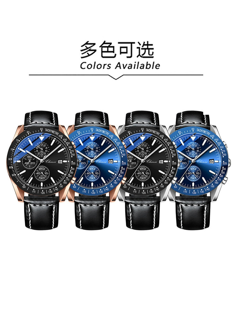 Brand-Name Authentic Watch Men Multi-Functional Large Dial Student Trendy Athleisure Waterproof Leather Belt Quartz Watch