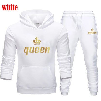 King and Queen Printed Hooded Suits for Couple, Hoodie and Pants, Valentine's Day Present, Fashion Suit, Autumn, Winter, 2 Pcs