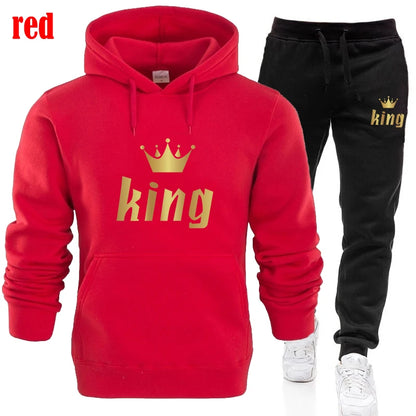 King and Queen Printed Hooded Suits for Couple, Hoodie and Pants, Valentine's Day Present, Fashion Suit, Autumn, Winter, 2 Pcs
