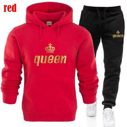 King and Queen Printed Hooded Suits for Couple, Hoodie and Pants, Valentine's Day Present, Fashion Suit, Autumn, Winter, 2 Pcs