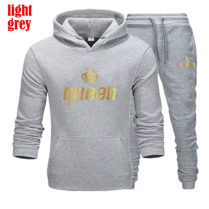 King and Queen Printed Hooded Suits for Couple, Hoodie and Pants, Valentine's Day Present, Fashion Suit, Autumn, Winter, 2 Pcs
