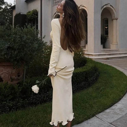 Long Sleeve Maxi Dress – Slim Fit with Pleats & Backless Cut - MollieNMary LLC brands
