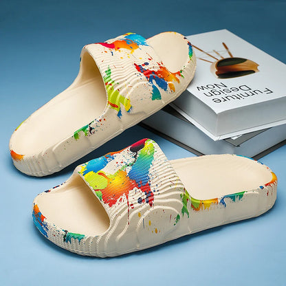 Summer Men Slippers Indoor Couples Non-slip Bathroom Flats Outdoor Beach Slides Graffiti Thick Sole Creative Casual Footwear