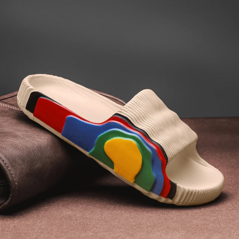 Summer Men Slippers Indoor Couples Non-slip Bathroom Flats Outdoor Beach Slides Graffiti Thick Sole Creative Casual Footwear