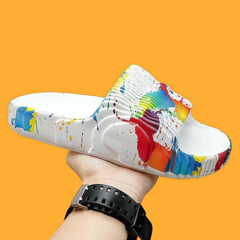Summer Men Slippers Indoor Couples Non-slip Bathroom Flats Outdoor Beach Slides Graffiti Thick Sole Creative Casual Footwear