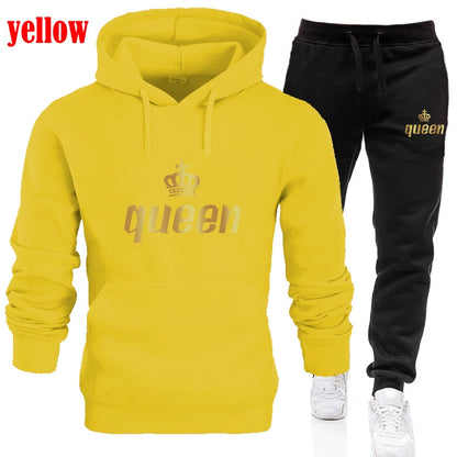 King and Queen Printed Hooded Suits for Couple, Hoodie and Pants, Valentine's Day Present, Fashion Suit, Autumn, Winter, 2 Pcs