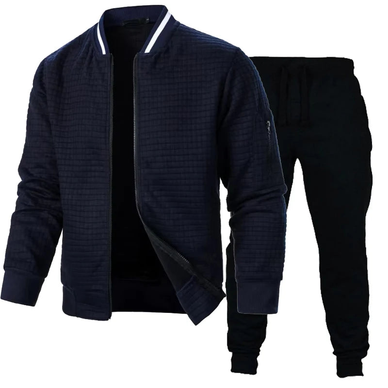 Autumn Mens Long Sleeve Zipper Jacket Set Stand Up Coats Outdoor Sport Sweatwear Winter Warm Collar Sweatshirts 2 Piece Suit