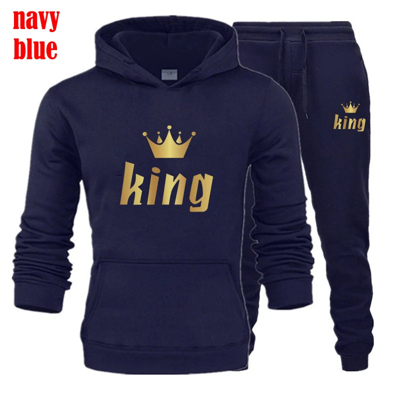 King and Queen Printed Hooded Suits for Couple, Hoodie and Pants, Valentine's Day Present, Fashion Suit, Autumn, Winter, 2 Pcs