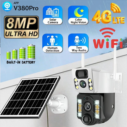 8MP 4K Wireless Solar Camera 4G Sim Outdoor Dual Lens Wifi IP Camera PIR Night Vision V380 Pro CCTV Security Protection Monitor
