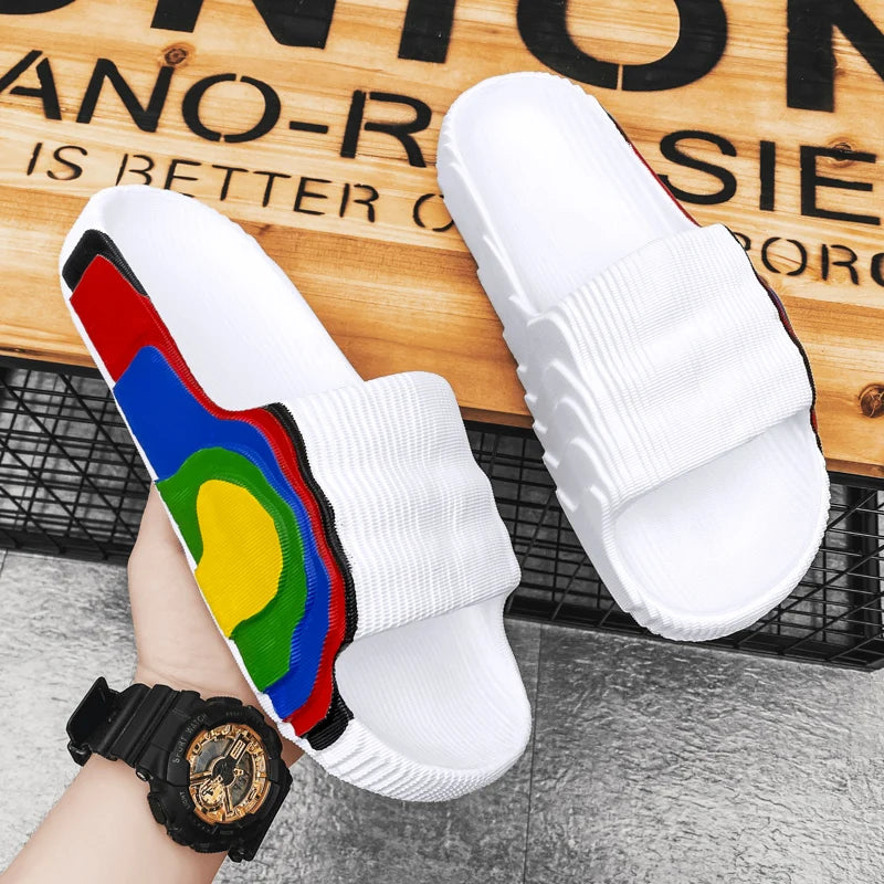 Summer Men Slippers Indoor Couples Non-slip Bathroom Flats Outdoor Beach Slides Graffiti Thick Sole Creative Casual Footwear