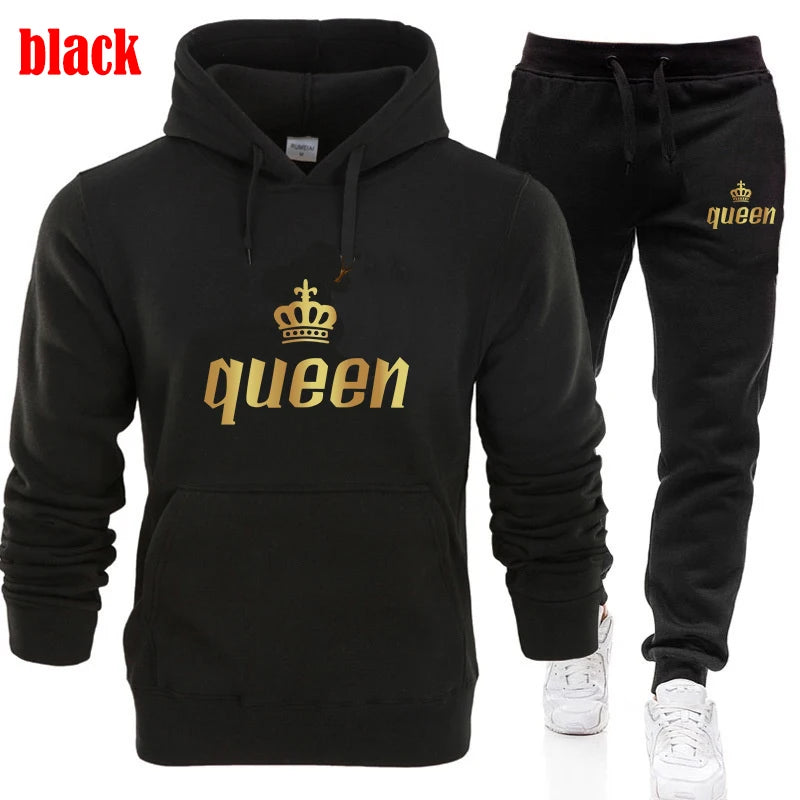 King and Queen Printed Hooded Suits for Couple, Hoodie and Pants, Valentine's Day Present, Fashion Suit, Autumn, Winter, 2 Pcs