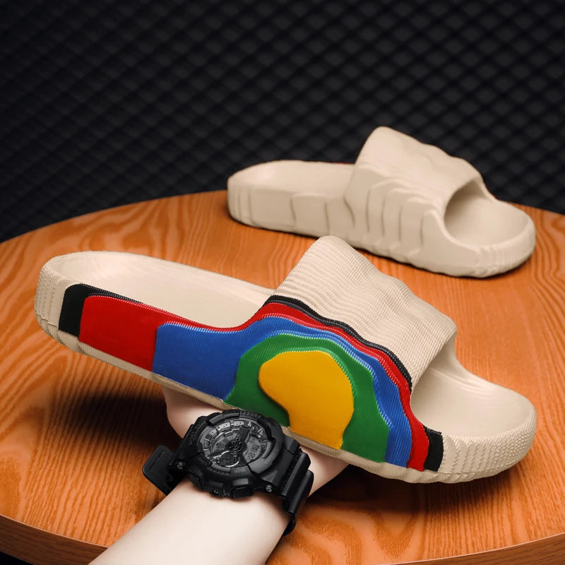 Summer Men Slippers Indoor Couples Non-slip Bathroom Flats Outdoor Beach Slides Graffiti Thick Sole Creative Casual Footwear