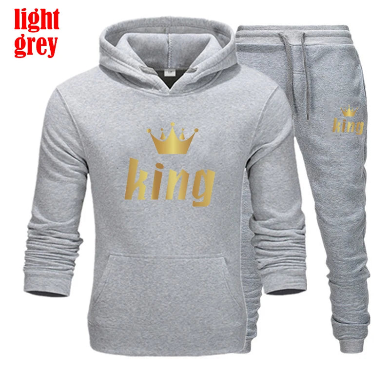 King and Queen Printed Hooded Suits for Couple, Hoodie and Pants, Valentine's Day Present, Fashion Suit, Autumn, Winter, 2 Pcs