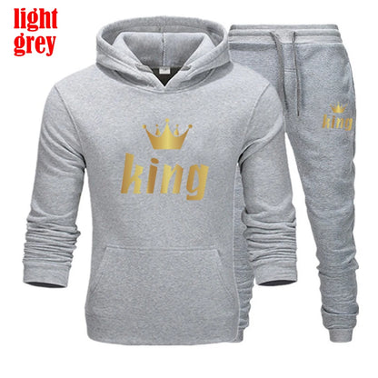 King and Queen Printed Hooded Suits for Couple, Hoodie and Pants, Valentine's Day Present, Fashion Suit, Autumn, Winter, 2 Pcs