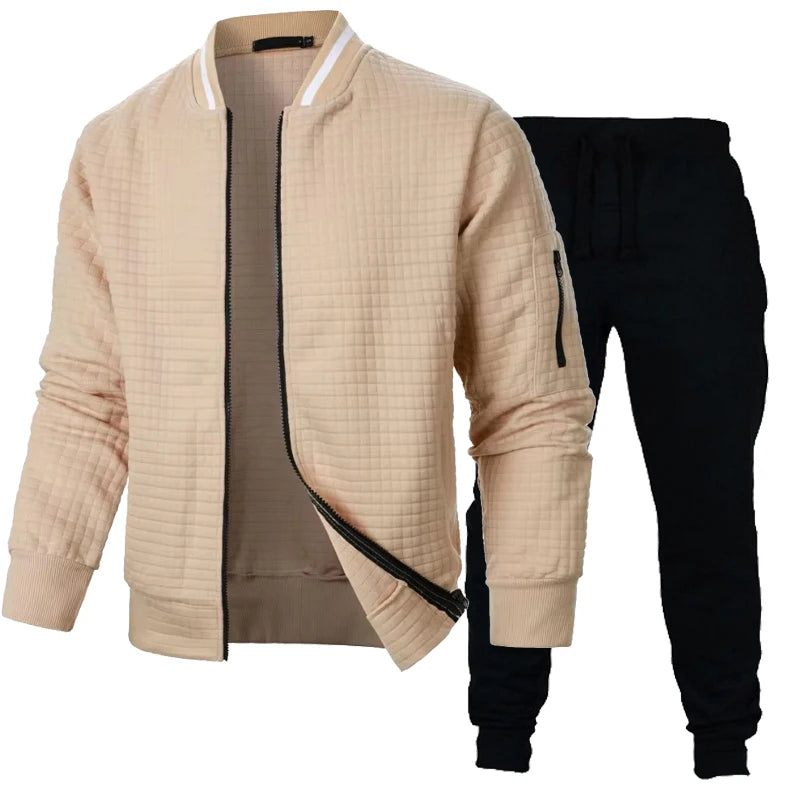 Autumn Mens Long Sleeve Zipper Jacket Set Stand Up Coats Outdoor Sport Sweatwear Winter Warm Collar Sweatshirts 2 Piece Suit