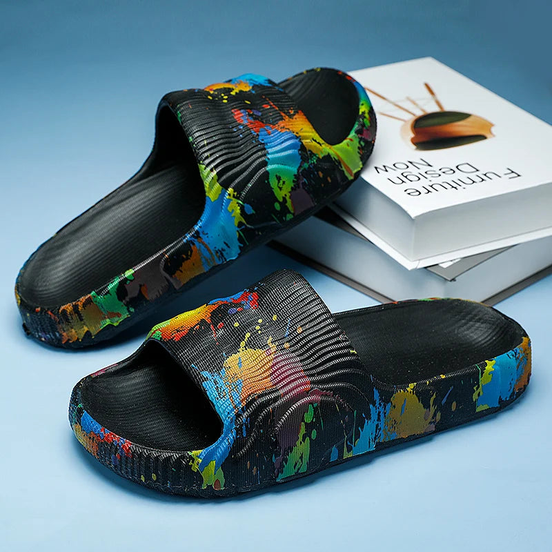 Summer Men Slippers Indoor Couples Non-slip Bathroom Flats Outdoor Beach Slides Graffiti Thick Sole Creative Casual Footwear