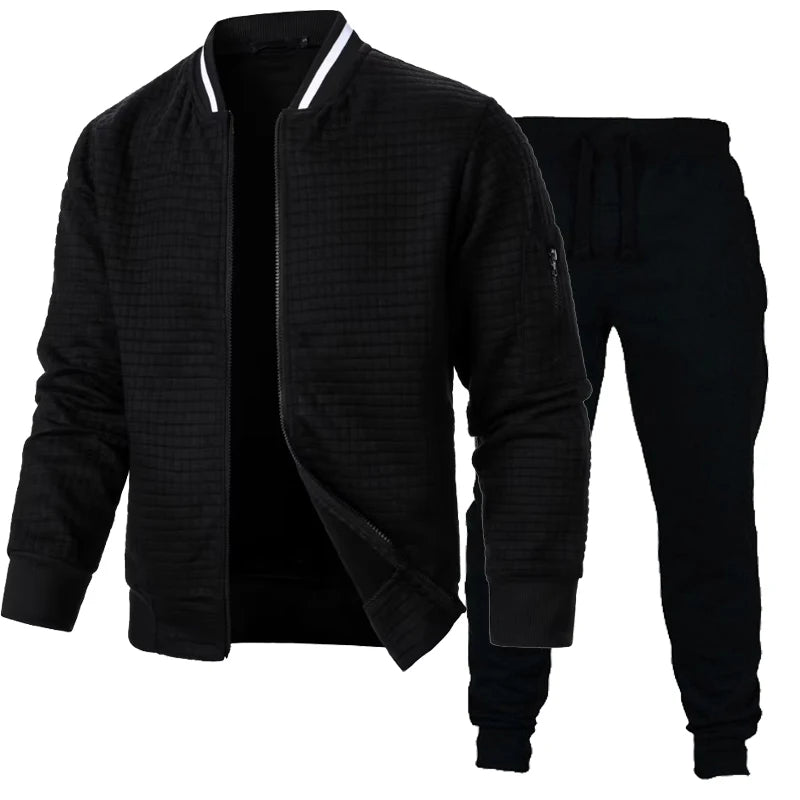 Autumn Mens Long Sleeve Zipper Jacket Set Stand Up Coats Outdoor Sport Sweatwear Winter Warm Collar Sweatshirts 2 Piece Suit