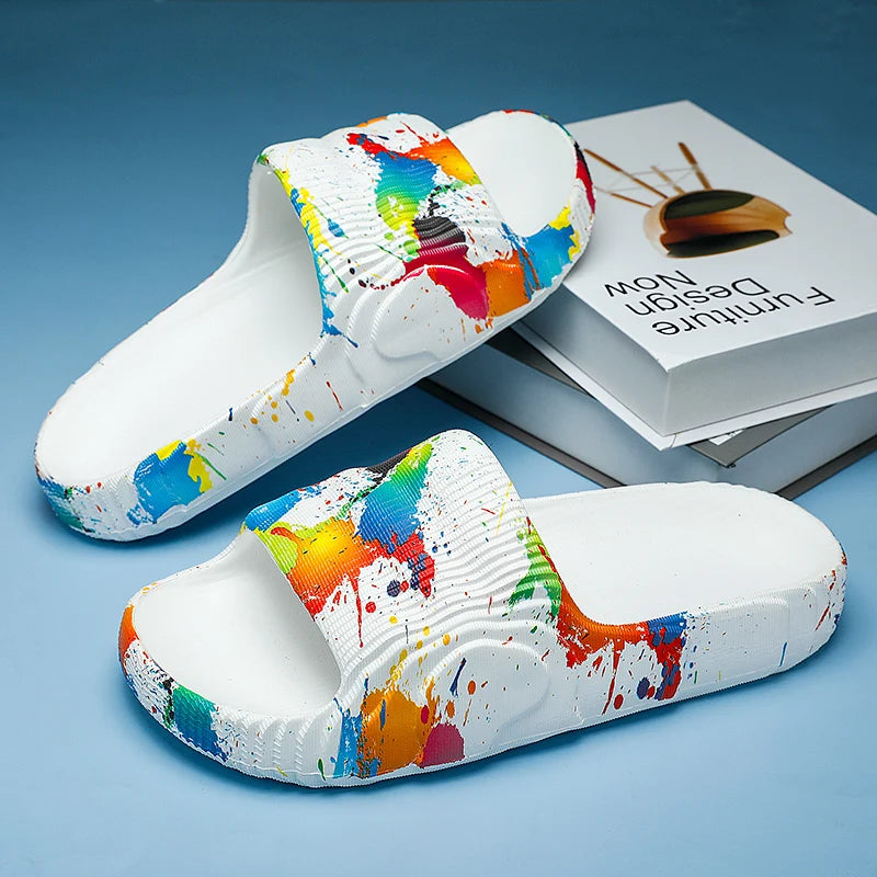 Summer Men Slippers Indoor Couples Non-slip Bathroom Flats Outdoor Beach Slides Graffiti Thick Sole Creative Casual Footwear