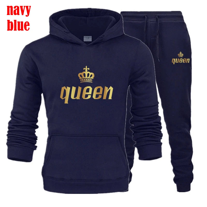 King and Queen Printed Hooded Suits for Couple, Hoodie and Pants, Valentine's Day Present, Fashion Suit, Autumn, Winter, 2 Pcs