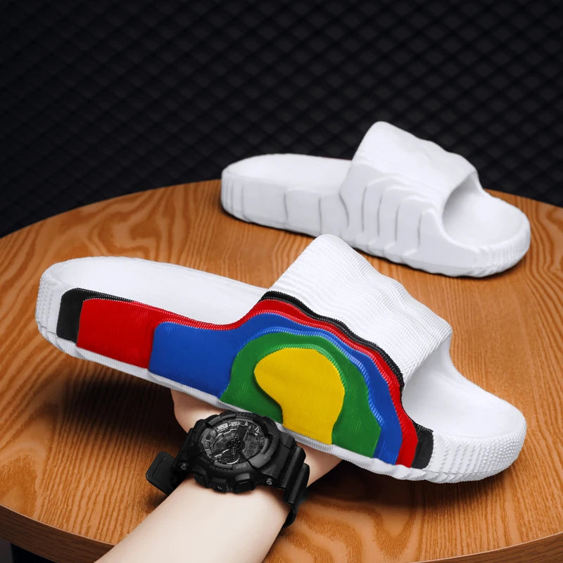 Summer Men Slippers Indoor Couples Non-slip Bathroom Flats Outdoor Beach Slides Graffiti Thick Sole Creative Casual Footwear