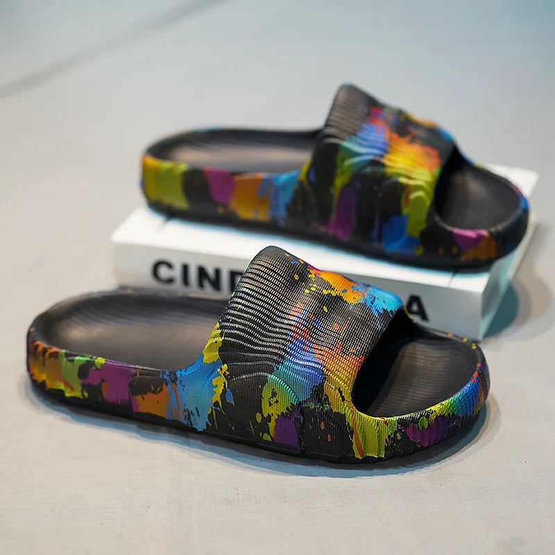 Summer Men Slippers Indoor Couples Non-slip Bathroom Flats Outdoor Beach Slides Graffiti Thick Sole Creative Casual Footwear