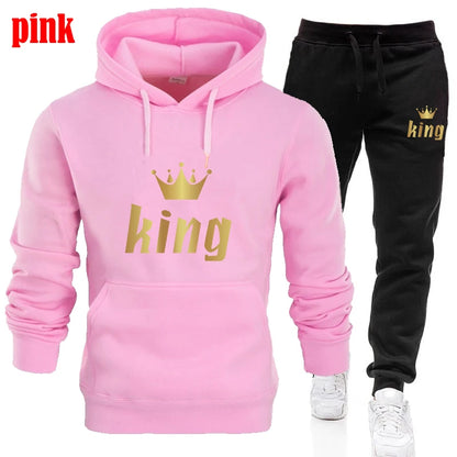 King and Queen Printed Hooded Suits for Couple, Hoodie and Pants, Valentine's Day Present, Fashion Suit, Autumn, Winter, 2 Pcs
