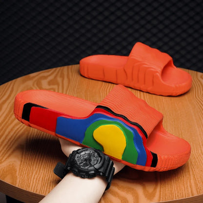 Summer Men Slippers Indoor Couples Non-slip Bathroom Flats Outdoor Beach Slides Graffiti Thick Sole Creative Casual Footwear