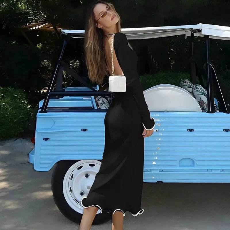 Long Sleeve Maxi Dress – Slim Fit with Pleats & Backless Cut - MollieNMary LLC brands