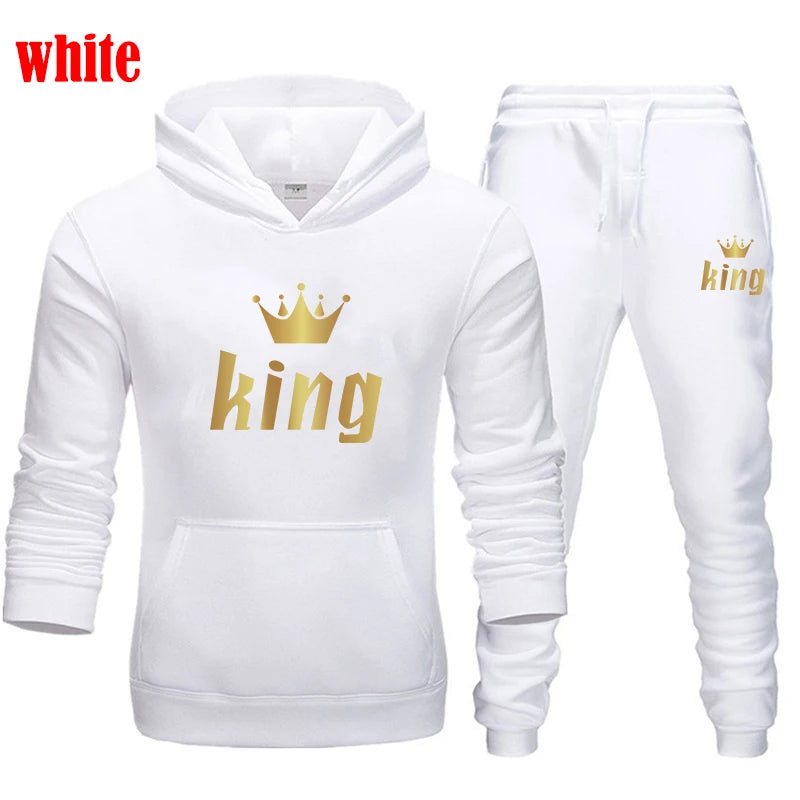 King and Queen Printed Hooded Suits for Couple, Hoodie and Pants, Valentine's Day Present, Fashion Suit, Autumn, Winter, 2 Pcs