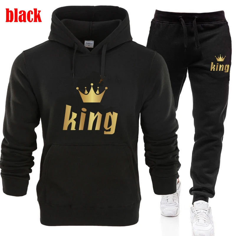 King and Queen Printed Hooded Suits for Couple, Hoodie and Pants, Valentine's Day Present, Fashion Suit, Autumn, Winter, 2 Pcs